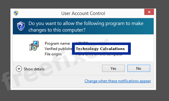 Screenshot where Technology Calculations appears as the verified publisher in the UAC dialog